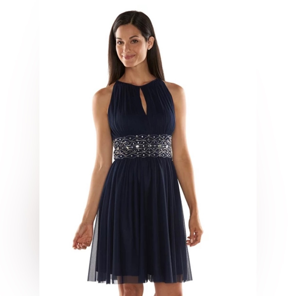 Jessica Howard Beaded Fit & Flare Halter Cocktail Party Dress Size 14, Navy Blue